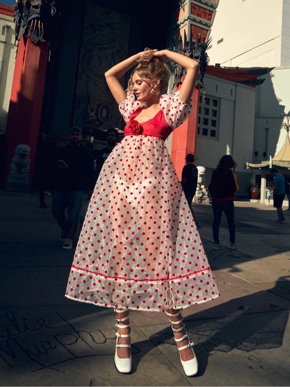 NWT For Love & Lemons Rhoda Midi Dress Red White Polka Dot Puff Sleeve Rosette M